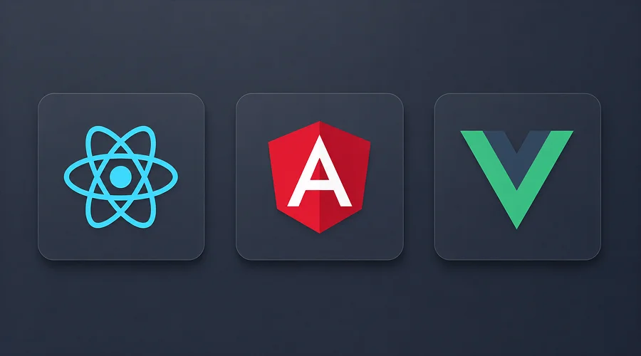 Front End Frameworks That Shape User Experience - WeeTech Solution Pvt Ltd Logos for React, Angular, and Vue.js.