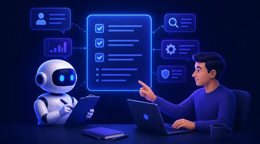 Gathering Requirements - WeeTech Solution Pvt Ltd A human using a laptop and a 3D robot with a clipboard discussing requirements next to a glowing digital checklist.