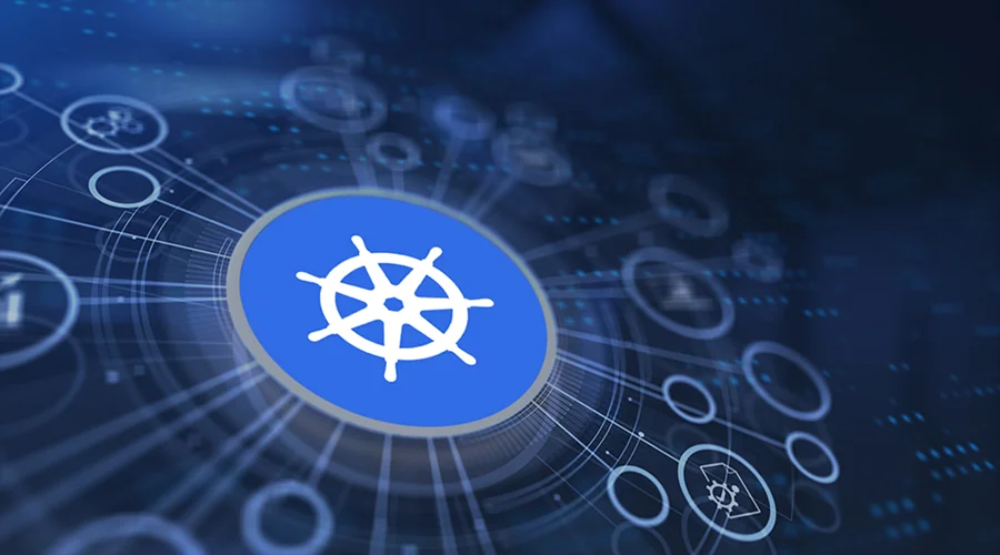 Key Business Benefits from Using Kubernetes - WeeTech Solution Pvt Ltd Abstract blue network graphic centered around a white Kubernetes helm logo node.