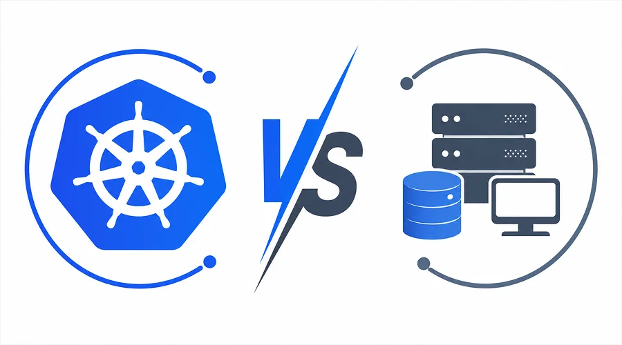 Kubernetes Vs Conventional Infrastructure - WeeTech Solution Pvt Ltd Comparison graphic with the blue Kubernetes logo on the left facing traditional server, database, and monitor icons on the right separated by a "VS" symbol.