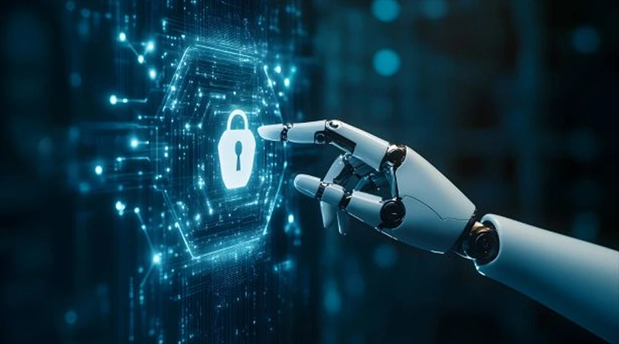 Leverage AI Powered Security Technology - WeeTech Solution Pvt Ltd Robotic hand touching a glowing digital padlock framed by futuristic circuit lines.