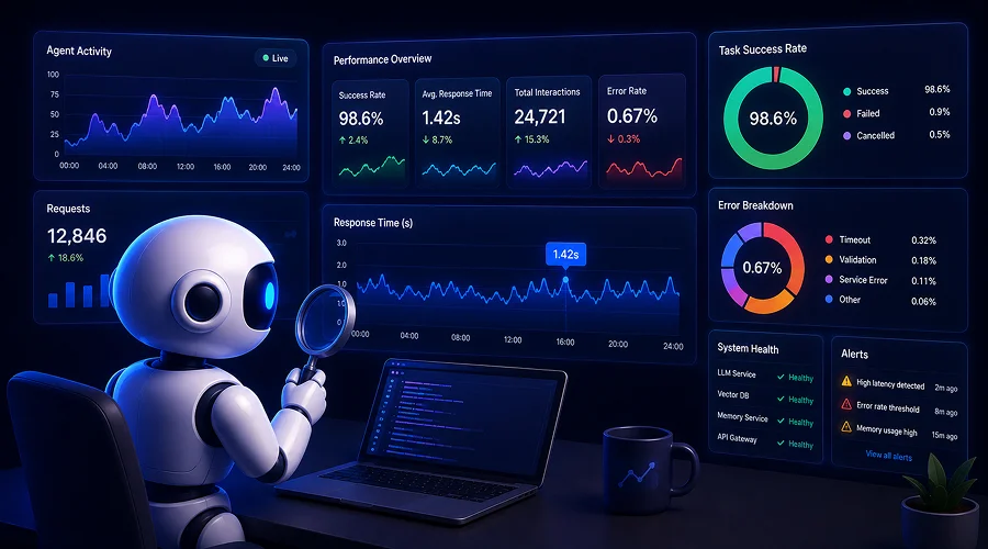 Monitoring Performance - WeeTech Solution Pvt Ltd A 3D robot looking at glowing digital performance dashboards with a magnifying glass.