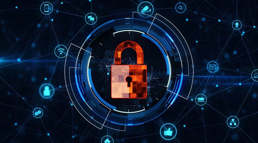 Protect Your Network - WeeTech Solution Pvt Ltd Glowing red padlock centered inside a blue digital network mesh.
