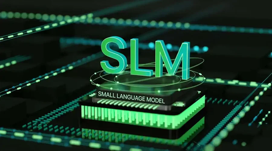 Small Language Models - WeeTech Solution Pvt Ltd 3D text reading "SLM" placed on a futuristic microchip circuit board.