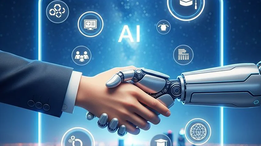 Top 10 AI Development Trends Every Business Should Watch - WeeTech Solution Pvt Ltd Human hand shaking a robotic hand surrounded by glowing digital icons.
