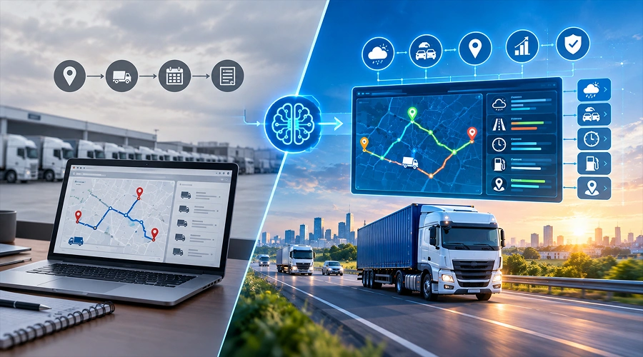 Split screen showing traditional route planning vs. AI-powered dynamic navigation.