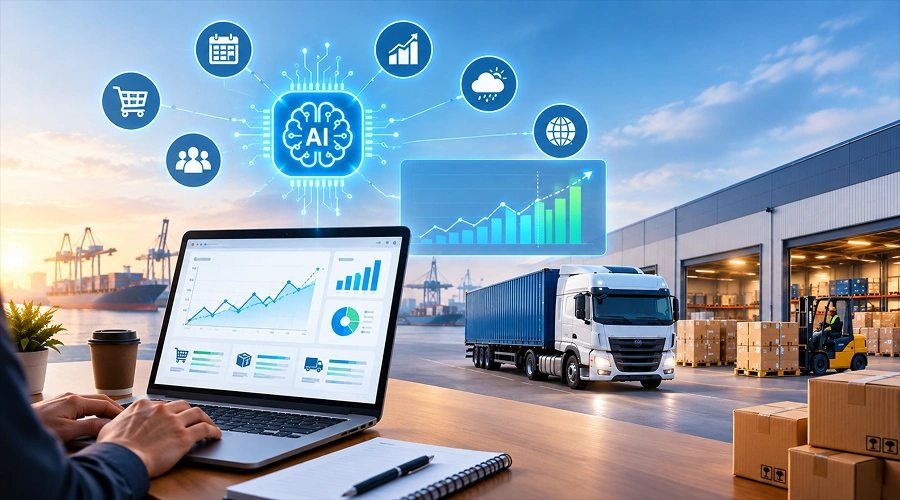 AI demand forecasting dashboard with warehouse and delivery truck background.