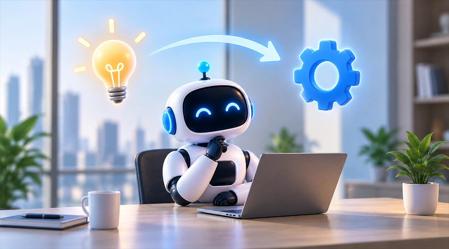 Agentic AI Shifts From Hype to Practice - WeeTech Solution Pvt Ltd AI robot at a laptop under a lightbulb icon pointing an arrow toward a gear.