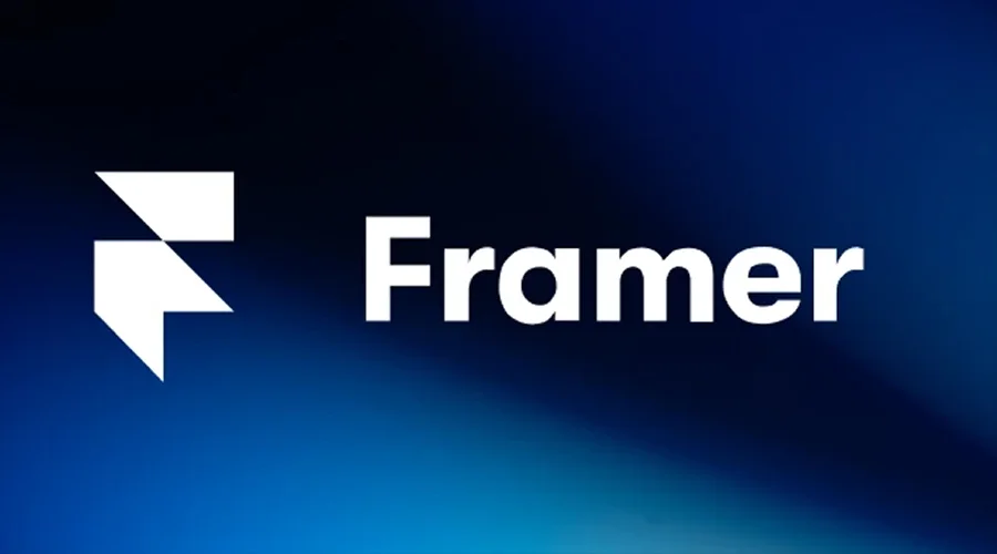 Framer logo showing a white geometric icon next to the wordmark on a dark blue gradient background.