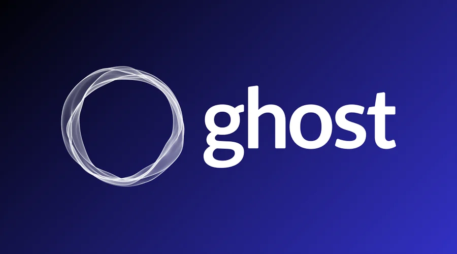 Ghost logo displaying a glowing white circular wave icon beside lowercase white text on a purple background.