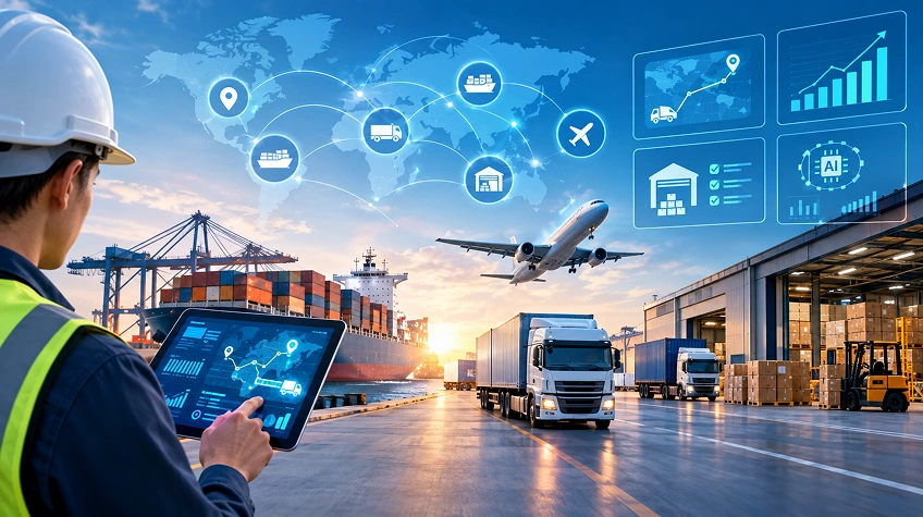 How Logistics Software Is Transforming Supply Chain Management - WeeTech Solution Pvt Ltd Logistics worker using a tablet to monitor global shipping, transport, and analytics overlays.