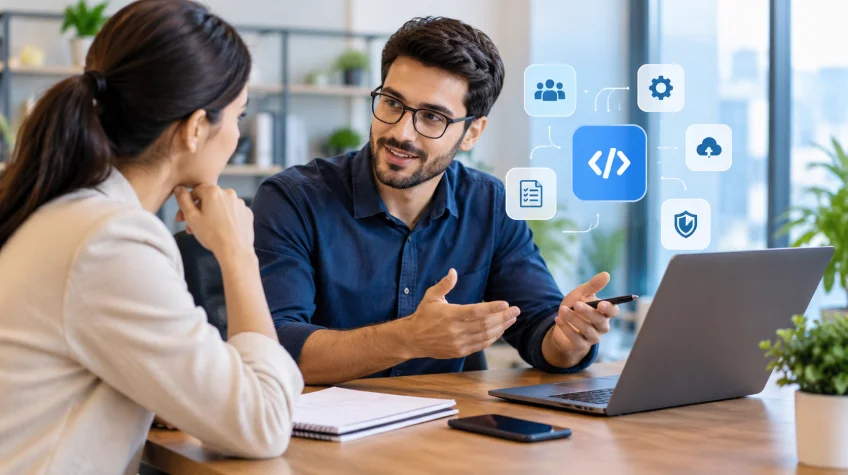 How to Choose a Software Development Company 15 Questions to Ask - WeeTech Solution Pvt Ltd Man explaining software development services to a client on a laptop.