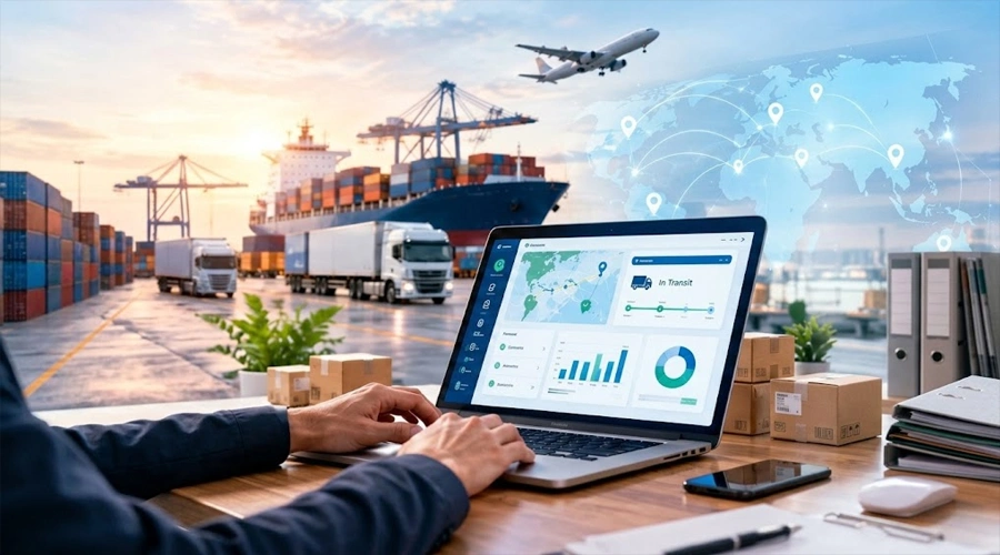 Measurable Benefits of Logistics Software - WeeTech Solution Pvt Ltd A person working on a laptop displaying a logistics tracking dashboard, set against a background of a busy shipping port, cargo plane, and global map overlay.
