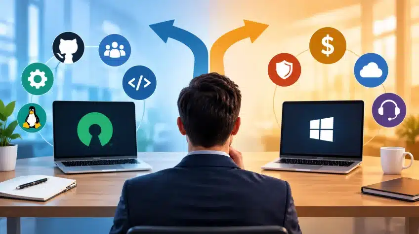 Open Source vs Commercial Software What Businesses Need to Know - WeeTech Solution Pvt Ltd Illustration of a person choosing between open-source and commercial software laptops at a fork in the road.