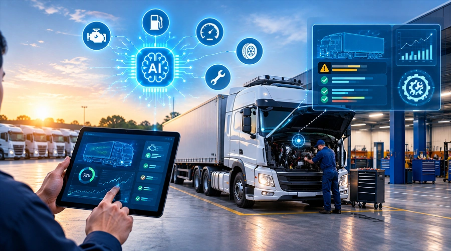 AI-assisted fleet maintenance dashboard monitoring a semi-truck undergoing repair.