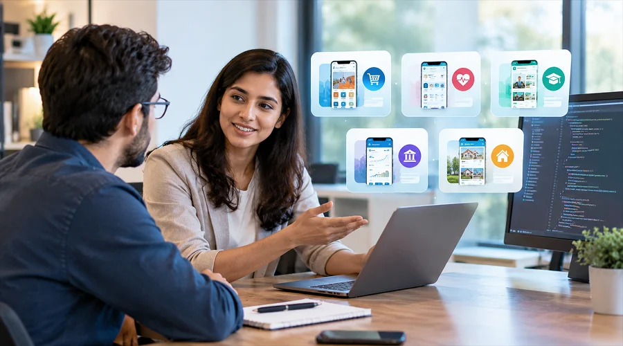 Question No. 1. Have You Got Experience of Working on Projects Similar to Mine_ - WeeTech Solution Pvt Ltd Woman presenting a mobile app portfolio to a colleague on a laptop.