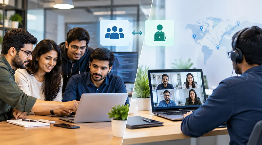 Question No. 4. Do You Develop Software In-House or Outsource It_ - WeeTech Solution Pvt Ltd Split graphic comparing in-house team collaboration with remote video conferencing.
