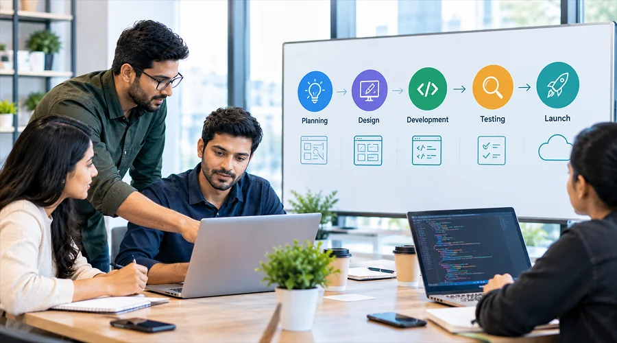 Question No. 9. What Is Your Development Process_ - WeeTech Solution Pvt Ltd Team sitting around a table reviewing a 5-step development process diagram.