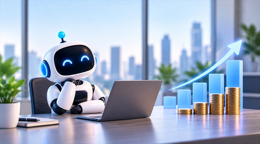 ROI Takes Center Stage Over _Big Bet_ Experimentation - WeeTech Solution Pvt Ltd AI robot sitting at a desk with stacked coins and an upward growth chart.
