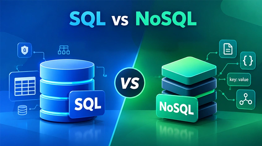 SQL vs NoSQL visual comparison showing structured table icons versus flexible document and key-value icons.