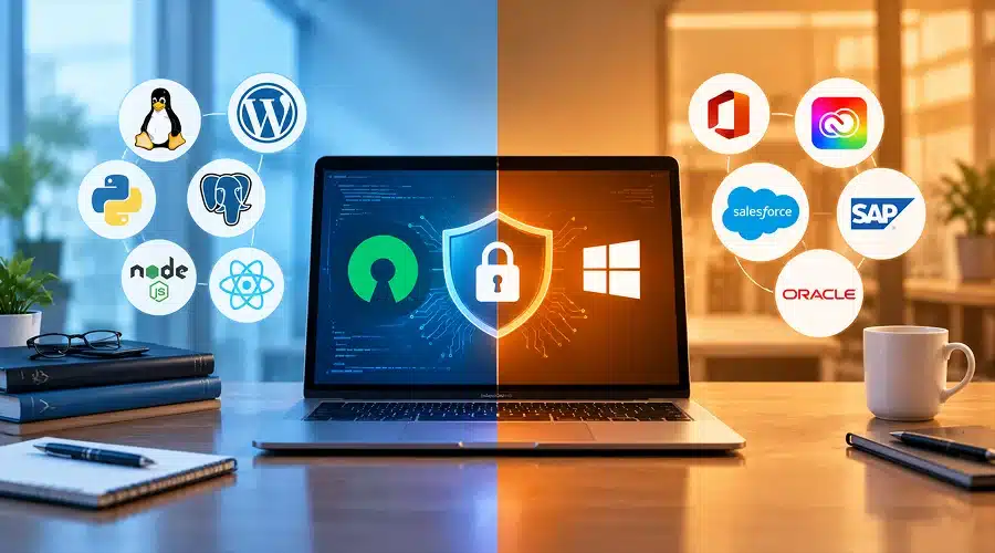 Security A Nuanced Comparison - WeeTech Solution Pvt Ltd Split-screen image of a laptop divided by a security shield, contrasting open-source logos on the left with proprietary software logos on the right.