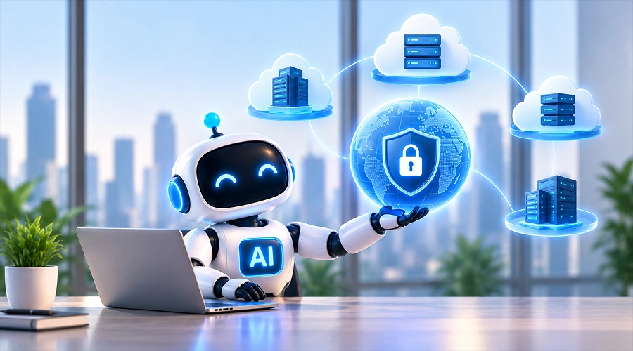 Sovereign and Infrastructure-Agnostic AI Gains Ground - WeeTech Solution Pvt Ltd AI robot holding a secured digital globe surrounded by cloud server nodes.