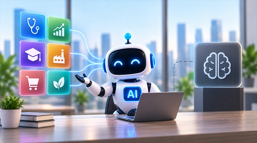 Specialized, Domain-Specific Models Challenge the Generalists - WeeTech Solution Pvt Ltd AI robot presenting industry icons linked to a digital brain.