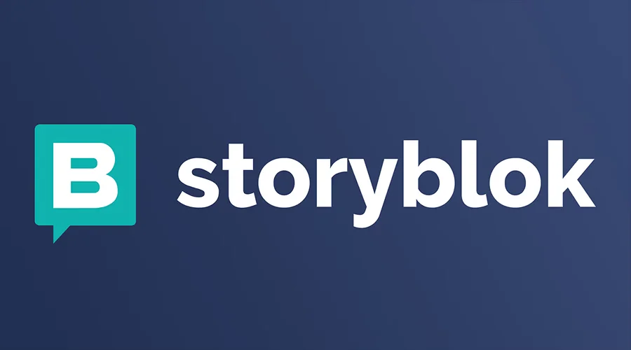 Storyblok logo featuring a teal speech bubble icon with the letter'B' on a dark blue background.