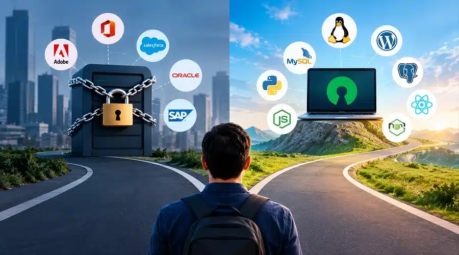 Vendor Lock-In vs Long-Term Independence - WeeTech Solution Pvt Ltd Person at a crossroads choosing between a chained server representing vendor lock-in and a bright path toward open-source software.