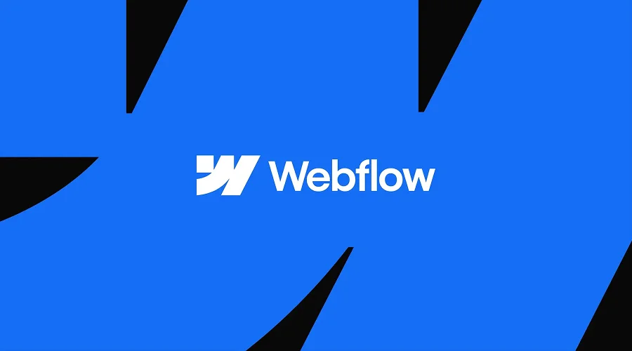 Webflow logo with a white graphic mark and text centered over a vibrant blue abstract background.