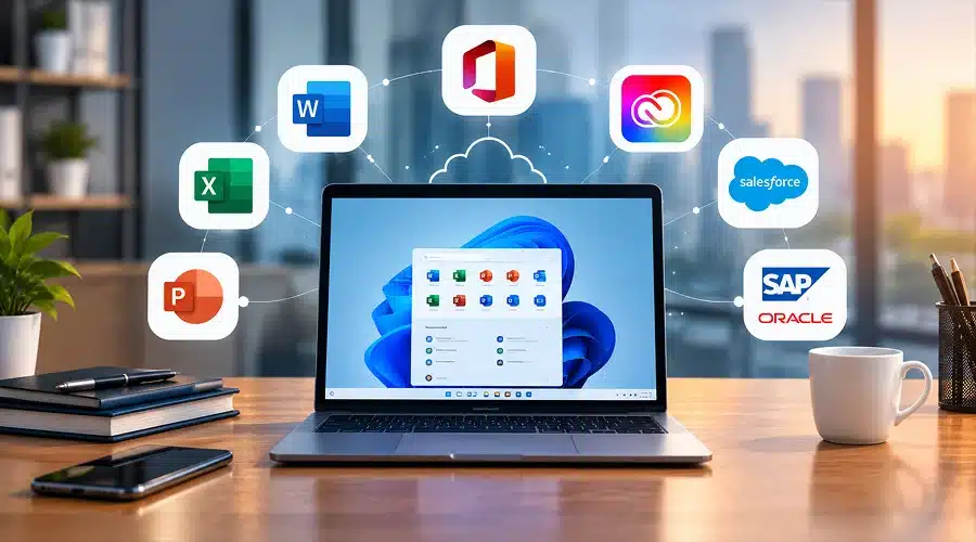 What Is Commercial Software - WeeTech Solution Pvt Ltd A laptop displaying Windows 11 surrounded by floating logos of popular commercial software like Microsoft Office and Adobe.