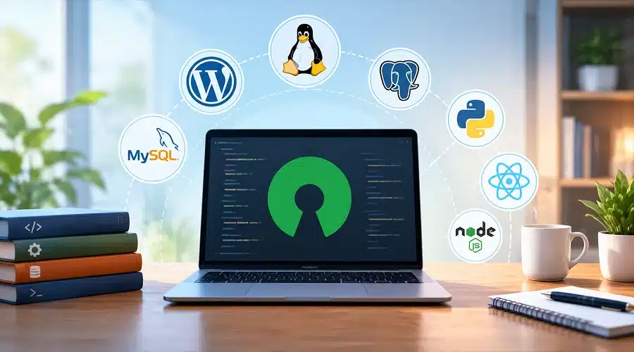 What Is Open Source Software - WeeTech Solution Pvt Ltd A laptop showing code and the Open Source logo surrounded by icons like Linux, WordPress, and Python.