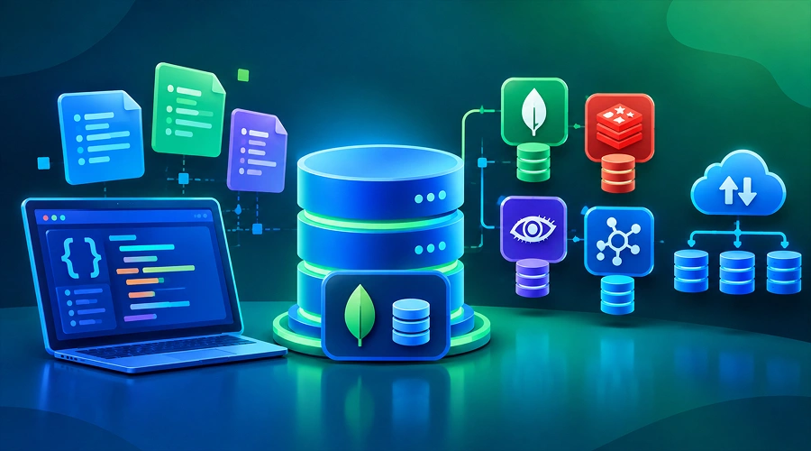 NoSQL database graphic highlighting use cases like gaming, media streaming, and real-time data.