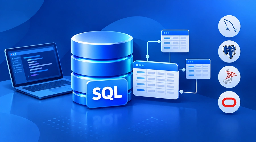 Green-themed NoSQL graphic with a central database cylinder linked to code, cloud storage, and flexible data types.