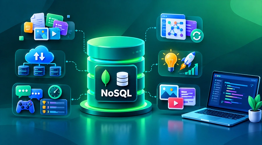 Green-themed graphic showing a NoSQL database surrounded by use-case icons including real-time data, gaming, media streaming, and rapid development.