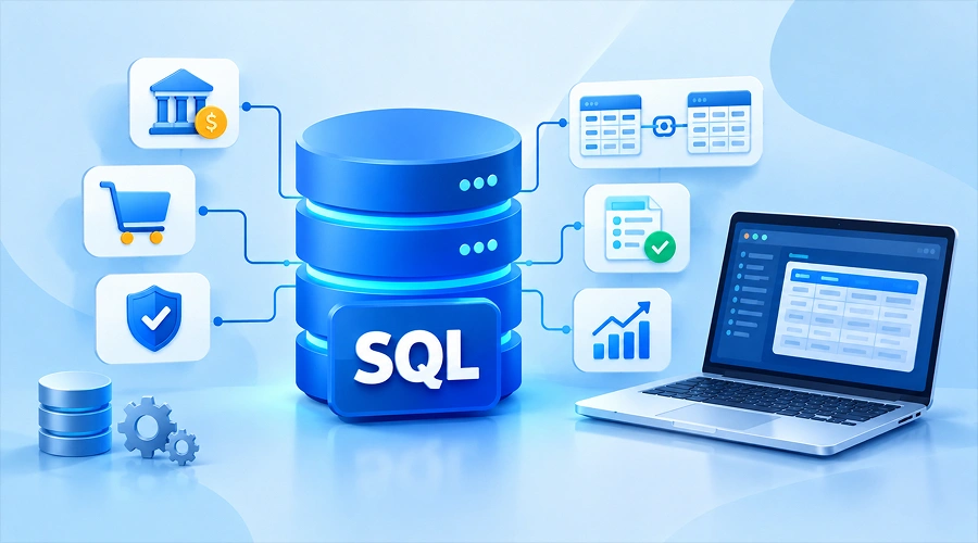 SQL database graphic highlighting use cases like banking, e-commerce, and structured data tables.