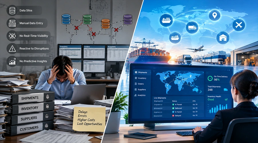 Why Traditional Supply Chain Systems Are Falling Behind - WeeTech Solution Pvt Ltd A split image comparing a stressed worker overwhelmed by paperwork and data silos with an efficient professional using modern digital logistics tracking software.