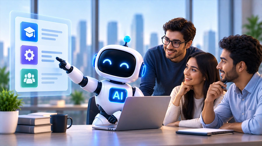 Workforce Readiness Becomes a Bottleneck - WeeTech Solution Pvt Ltd AI robot explaining a digital training interface to three office colleagues.